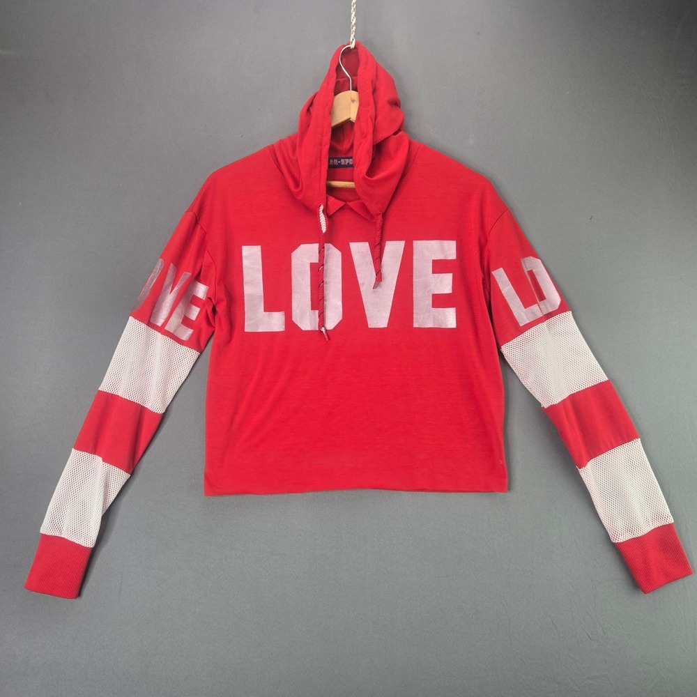 AQ-Sport Hoodie Love Graphic Crop Top Size M Red White Mesh Sleeve Streetwear